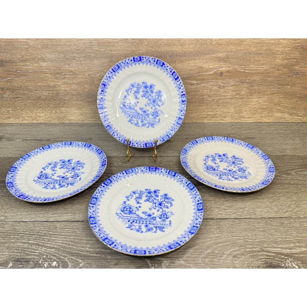 Bavaria Schirnding China Blau 7.5” Salad Plates Blue & White Gold Trim ~set Of 4